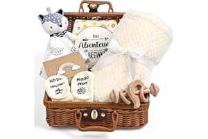 LOFTANK Neugeborenen Geschenk, 7-in-1Baby Geschenkset für Jungen Mädchen: Baby Decke,Schmusetuch, Holzrassel mit Elefant, Lätzchen,Socken in Geschenkbox|Baby Geburt Geschenk, Babyparty Idee-Beige