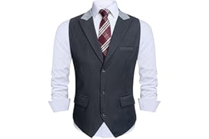 HISDERN Męska kamizelka bez rękawów, klasyczna kamizelka z formalnym klapą z 3 kieszeniami na Boże Narodzenie ślub, XS-4XL