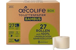 ‎ŒCOLIFE œcolife Toilettenpapier Box BAMBUS, 3-lagig, 27 Rollen, 250 Blatt pro Rolle, vegan, plastikfrei verpackt