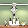 NBLE Foldable Double Head Led Fan Desk Lamp,USB Rechargeable Reading Lamp with Digital Temp, Time, Date, Pen Holders 3 Color Modes and Infinite Dimming, Double Swing Arm Desk Lamp,for Reading, Home