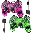Zeion Wired Controller for PS2 Double Shock, 2 Pack Gamepad Remote Compatible with Play Station 2 (Clear Purple and Clear Grean)