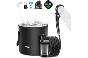WADEO Ducha de Camping con batería, Bomba y Cubo, 120 Minutos de autonomía, Set de Ducha portátil con Manguera de 2 m, Soporte para Cabezal de Ducha, para jardín, Lavado de Coches, Mascotas, Viajes