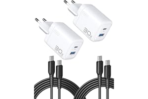 INIU Cargador USB C de 30 W, 2 unidades, [USB-C + USB-A] Fuente de alimentación múltiple con cable USB-C, conector PD 3.0, cargador rápido, adaptador USB C para iPhone 16 15 Pro Max, iPad Pro, Samsung