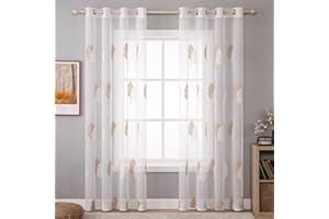 MIULEE Tende per Interni Moderne 2 Pezzi 140x260 CM, Voile Tenda Finestra Interno Salotto, Tenda Trasparente con Ricami a Foglie Motivi, Fantasia Tende Camera da Letto Soggiorno Occhielli