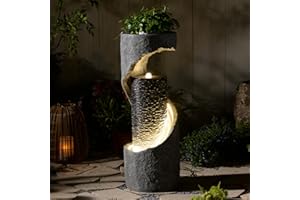 Bumilgar 90CM Bubble Water Feature Outdoor&Indoor, Modern Floor Standing Water Features with LED Lights for Patio, Living Room, Deck, Porch, Entryway, Home Decor, Gray