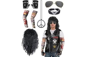MOIUGULI 8 Pcs Rock Star Fancy Dress, 70s 80s Rock Wig Set Rockstar Costumes Accessories for Men Women with Gloves Sunglasses Temporary Tattoo Sleeves Necklace Bandana for World Book Day Disco Carnival Party