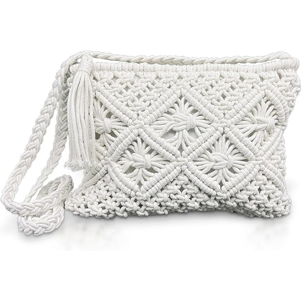 oukesin Handgemaakte macramé katoenen schoudertas voor dames, kleine dameshandtas met kwast, 041 zwart (met schouderriem), 25 x 20 x 1 cm