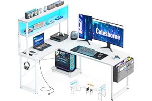 Coleshome Escritorio Gaming en L con LED y Enchufes, 135 × 100 cm Escritorio Gamer Reversible con Estantes, Escritorio Esquinero con Bolsa de Almacenamiento y Gancho para Jugadores, Blanco