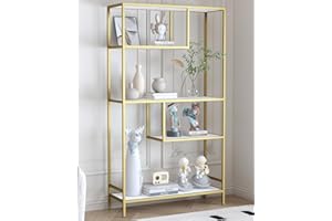 Yusong Gold Bookshelf, Industrial Bookcase Open Storage Shelves with Metal Frame, Freestanding Display Rack Tall Shelving Unit for Living Room, Bedroom, Office, Gold and White Marbling