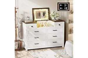 BROTTAR Chest of Drawers Bedroom with Mirror and LED Lights, Dressing Table with Charging Station, Dresser Drawers with Intelligent Sensing System for Bedroom Living Room Kids Room, White