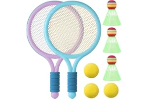 CECOMBINE Kid Tennis Badminton Racket Sets, 2 Plastic Rackets with 3 Balls Each, Blue & Purple