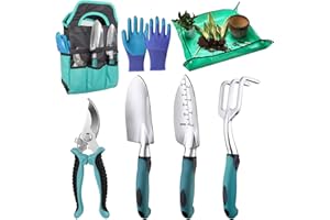 Jomdjmskes 7 Pcs Ensemble d'Outils de Jardinage, Outillage Jardin avec Poignée Antidérapante, Ensemble Cadeau Jardin Résistant Rouille avec Fourre-Tout Rangement Durable, Cadeaux Femmes Hommes