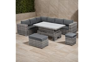 Club Rattan Aluminum Frame Garden Corner Sofa furniture with Dining Table and Bench in Grey Rattan