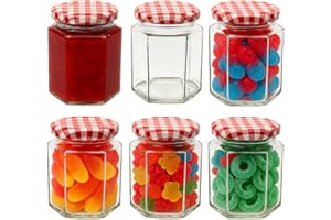 Offer Shop Glass Jam Jars with Red Gingham Lid & Labels - 280ml / 9oz Hexagonal Storage Glass Jars | Clear Airtight Jar for Kitchen Spices Honey or Sweets - 6 Set
