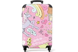 NoBoringSuitcases.com Bagage Enfant, Valise Cabine Fille, Valise Roulette Rose, Dessin de Licorne - 55x35x25cm