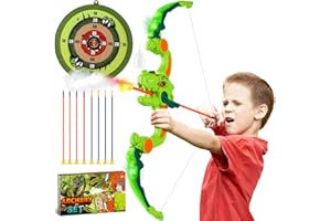 ZHCUVES Arco y Flechas Dinosaurio para Niños, Juego de Tiro para 4 5 6 7 8 9 10 11 12 ANS con Pulverización & Luz, Flechas& Diana, Juguetesal Aire Libre Exterior Jardín, Regalo Navidad Cumpleaños Infantil