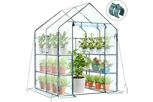 Ohuhu Gewächshaus Foliengewächshaus überwinterungszelt für Pflanzen, Winterfest Tomatenhaus Winterschutz Pflanzen mit PVC Abdeckung 3 Tiers 12 Regale Gewächshaus Klein für Garten 143x143x195 cm