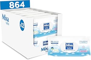 Mixa Bébé Lingettes au Lait de Toilette - Peaux Délicates Nourrissons - À l’Huile d’Amande Douce, Vitamine E et Glycérine - Hypoallergéniques - Compostables - Lot de 12 x 72, 864 Lingettes