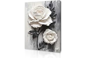 Qiukoo Framed Canvas Wall Art – White Rose 3D Floral Artwork, Waterproof Modern Print with Hook, Elegant Wall Decoration for Living Room, Bedroom Pictures for Wall or Prints for Walls – 12x16 Inch