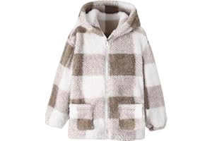 MEIHAOYIT Fleecejacke Mädchen Winterjacke Plüsch Warm Kinderjacke Gitter Langarm Tops Reißverschluss Lange Dicke Oberteile Unisex Parka Herbst Mäntel für Mädchen mit Kapuze und Tasche 8-14 Jahre