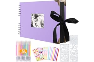 SPLEND Album photo scrapbooking à spirale 80 pages, bricolage, avec 2 coins pour photo, 6 autocollants, 5 pochoirs, 12 marqueurs colorés pour anniversaire de mariage, anniversaire, Noël, violet