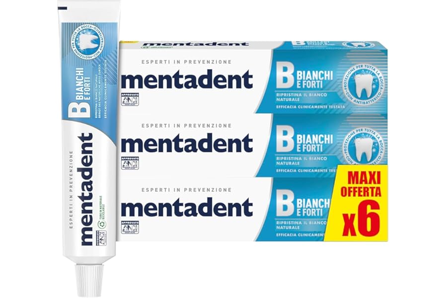 Mentadent Strong White Toothpaste, with Zinc, Delicate Formula, Helps Prevent Stains, Yellowing of Teeth and Enamel Erosion, 8 Actions Against Oral Disorders, Size 6 x 75 ml