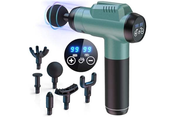 Pistola de Masaje Muscular, Timiyou Masajeador Cervical y Espalda con 99 Niveles de Intensidad, 6 Cabezales de Masaje, Massage Gun Silenciosa para Aliviar el Dolor de Pies, Cuello