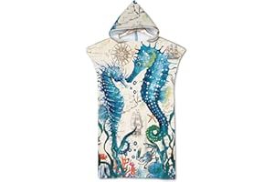 Rowjoy Telo mare poncho, oceano animale, stampa surf, blu subacqueo, telo mare con cappuccio, asciugamano poncho ad asciugatura rapida per adulti (Seahorse2-75 x 65 cm)
