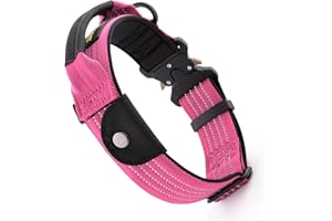 Plutus Pet Tactical Dog Collar with Tracker Packet for AirTag, Adjustable Reflective Nylon Collar, Metal Buckle, Leather-Wrapped Handle, Soft Padded for Medium Large Dogs (Pink, M)