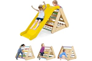 GOPLUS Triangle d’Escalade Montessori Enfants avec Filet à Grimper, Planche et Échelle,Pierres avec Toboggan, Charge 50KG,Aire de Jeux Intérieur pour Bébé 1 an+ (Multicolore)