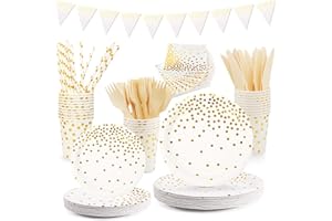 VIPNAJI Assiette Blanche Or 176PCS Assiette Carton Blanc Serviettes Gobelet Fourchettes Couteaux Bannière, Vaisselle en Carton ,pour Les fêtes d'anniversaire et Noël, Mariages(25 invités)