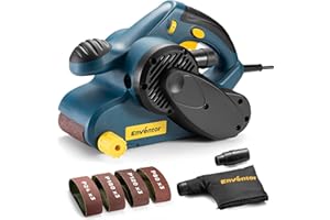 Enventor Levigatrice a Nastro 950W, 6 Velocità 120-380m/min, Smerigliatrice a Nastro con 12 Nastri Abrasivi 76 x 533mm (P24, P80, P120, P180), Sacchetto Raccoglipolvere