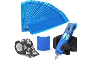 ATOMUS 200pcs Sealable Wireless Tattoo Pen Covers Blå med 2pcs Grip Tapes Bandage Set Engångsplast Tattoo Pen Bags Kit Tattoo