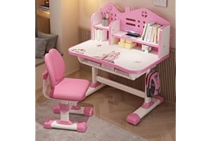 tinysiry Kids Functional Desk and Chair Set,Height Adjustable Children Study Desk with Book Stand Drawer&Cartoon Desktop,Kids Large Writing Board Desk for Home School Boys Girls Use Blue (Pink2)