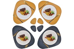 HUSPOX Double Side Leather Placemats and Coaster Sets of 4 - Washable Non Slip Table Mats Hot Resistant for Dining Table (Navy-Yellow, 4 Placemats + 4 Coasters)