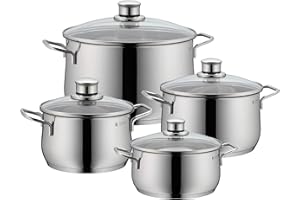 WHF WMF zestaw garnków 4-częściowy diadem plus krawędź do nalewania szklana pokrywka Cromargan stal nierdzewna polerowana nadaje się do płyt indukcyjnych