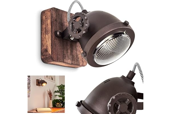 Applique murale Herford en bois, métal brun et verre, spot orientable rétro-industriel idéal dans un salon vintage, pour 1 ampoule GU10, ampoule(s) non incluse(s)