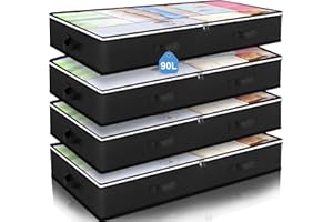 Budding Joy 4 Pack Underbed Storage, 90L Large Under Bed Storage Box with Lid, Clothes Storage Bags with Clear Window and Reinforced Handles for Blanket, Clothes, Comforters, Black