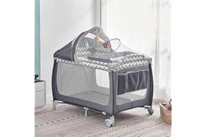 URKITD 2 in 1 Baby Travel Cot with Mattress 114 x 77cm, Foldable Baby Crib and Playpen (Birth to 3Y), Portable Infant Nursery Center Playard with Changing Table, Mosquito Net, Wheels, Carry Bag, Grey-White