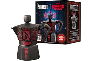 Bialetti Moka Express Stranger Things 3 Tazze, Pomolo Musicale con ricarica USB C, Non adatta ad induzione, 3 Tazze (130ml), Nero