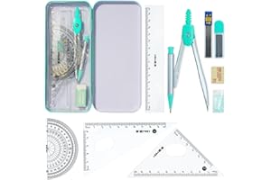 Holseylex 9 Stück Zirkel Set, Geometrie Set, Schreibwaren Set Mathe Enthält Zirkel mit Zirkelminen, Geodreieck, Lineal, Winkelmesser Halbrund und Radiergummi für Schule (Blau)