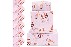 Vinuwu 6 Sheets 18th Birthday Wrapping Paper, 70x50cm Rose Gold Pink Happy Birthday Gift Wrap Paper for Girls Ladies,Decorations - Plastic Free & Recyclable - 18th