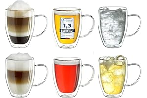 Creano Szklanka termiczna o podwójnej ściance, z uchwytem 400 ml, duże, podwójne, szklanki do kawy, szklanki do herbaty, kieliszki do latty, zestaw 6 szt