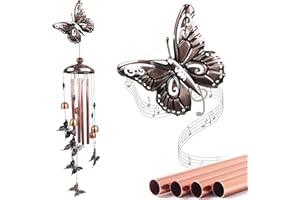 VICHIRSKIT Carillon éolien papillon - Carillon éolien - Décoration pour l'extérieur et l'intérieur - Avec crochet en S - 4 tubes en aluminium creux - Carillon éolien pour décoration de jardin, cour, terrasse et