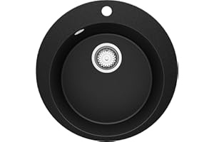 Rundes Spülbecken Schwarz 50x50 cm, Granitspüle + Ablauf-Set, Küchenspüle für 45er Unterschrank, Einbauspüle von Primagran