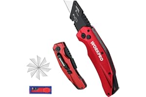 WORKPRO Cutter Professionnel Pliant, Cutter Utilitaire avec Mécanisme de Changement Rapide, 10 Lames SK5 Incluses, Idéal pour Coupe, Rouge
