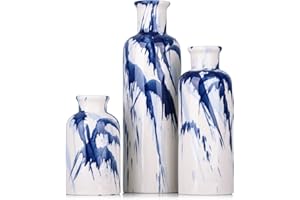 QIANLING Lot de 3 vases en céramique Bleue - Vase décoratif Bleu Marine et Blanc pour centres de Table, Ferme et décoration d'intérieur, Salon, Cuisine, Chambre, Table à Manger et décoration de Bureau