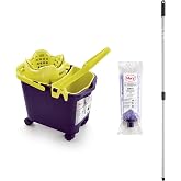 Mery Bucket Set with Mop and Stick, Automatic Drainer Bucket with Wheels and Multi-Purpose Bucket Purple and Lime, 14 L, Abso