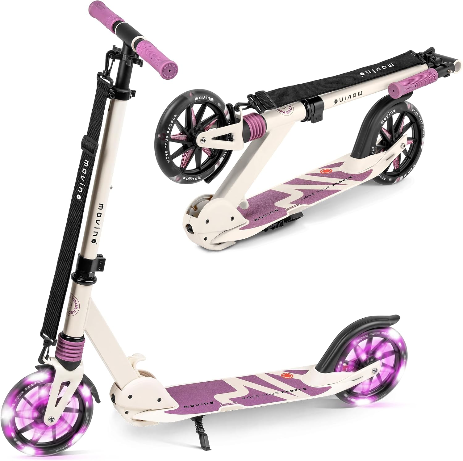 Movino Patinete para Niños Adultos y Adolescentes hasta 100 kg - Scooter Plegable Urbano - Ruedas LED Grandes 180 mm - Manillar Ajustable - City Light