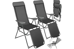 TecTake® Lot de 2 Fauteuil de Jardin Chaise Longue Pliable avec Repose Pieds Accoudoirs, Appuie-tête Amovible Salon de Jardin Exterieur, Structure en Aluminium, Dossier Inclinable